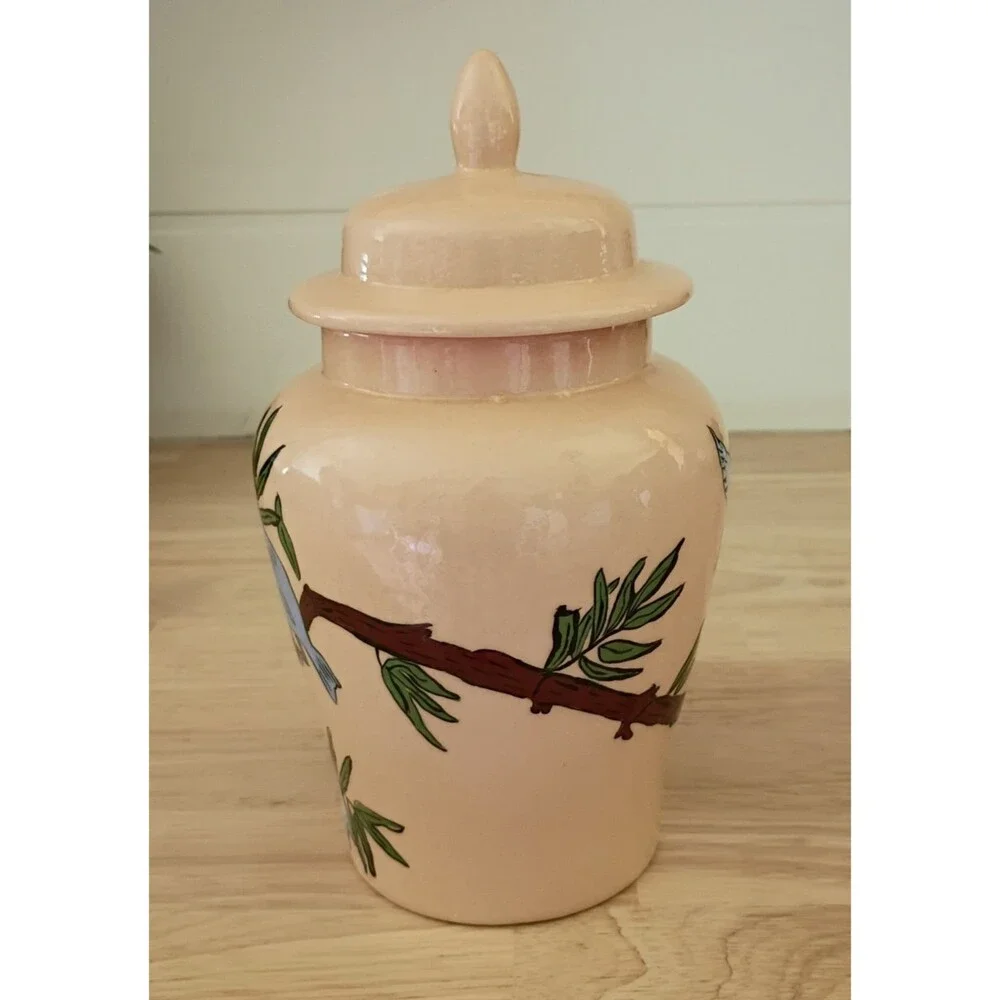 Vintage 1975 Hand Painted Birds on Branch Ginger Jar Signed by JCR Beautiful